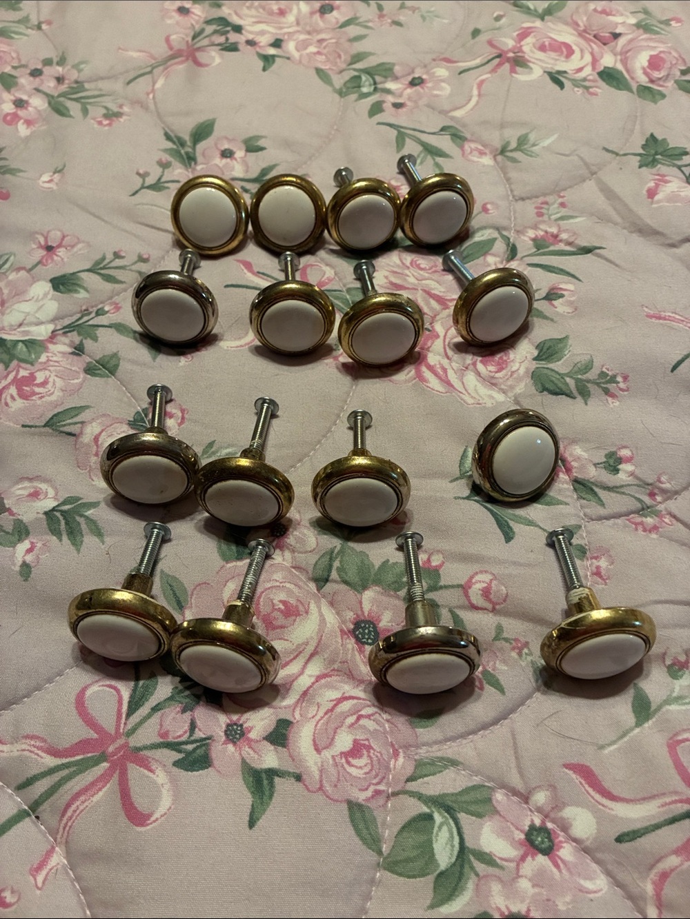 Set of 16-Gold & Ceramic Knobs/Drawer Pulls. Some will Need Screws